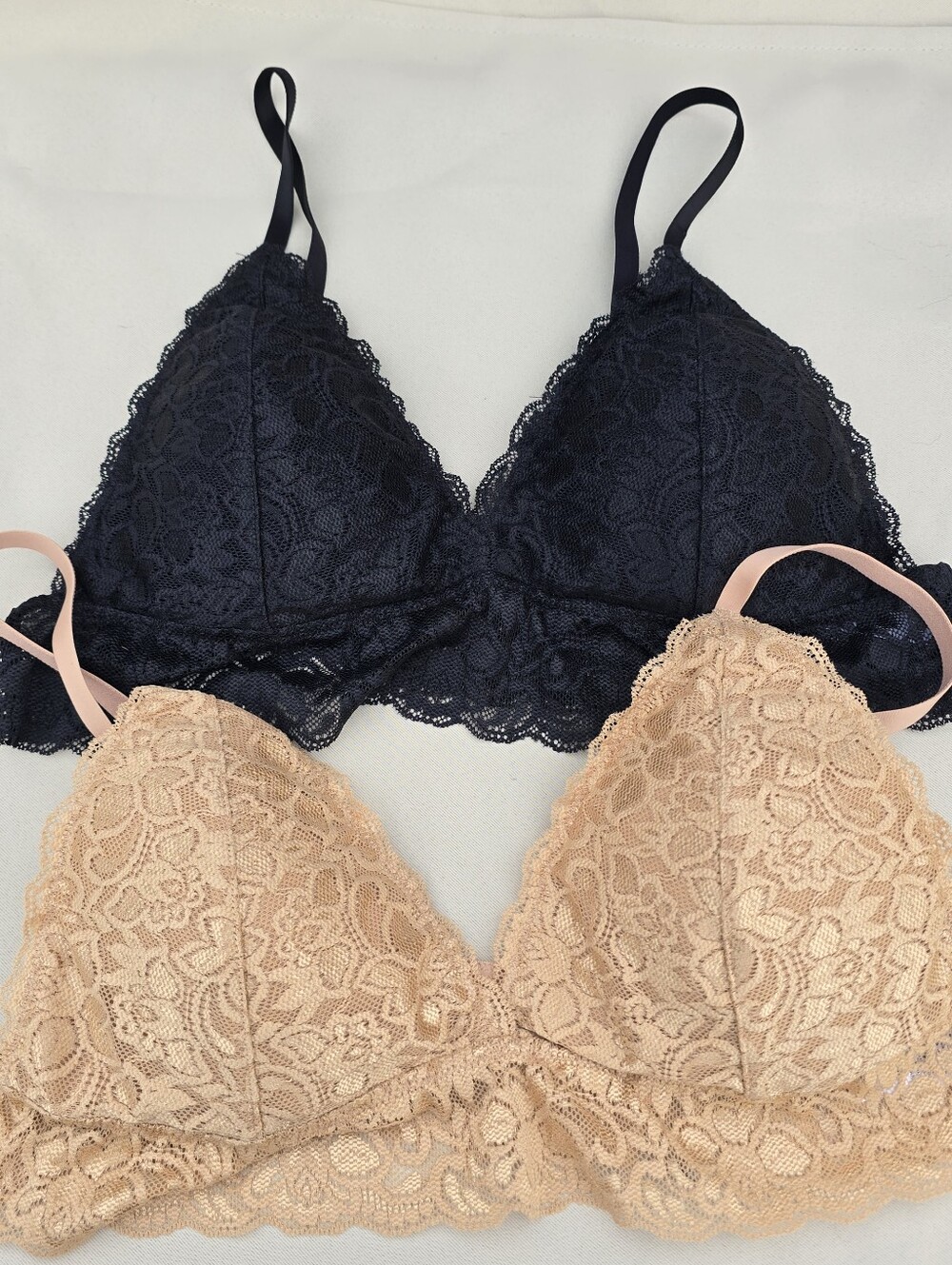 Quince Womens LARGE nude Black Lace Bralette Wireless Bra 2 Pack Lot